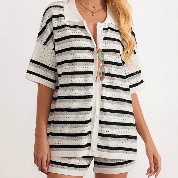 Black Casual Women's Stripe Contrast Button Crochet Knit Tops & Shorts Set - Picture 9 of 10